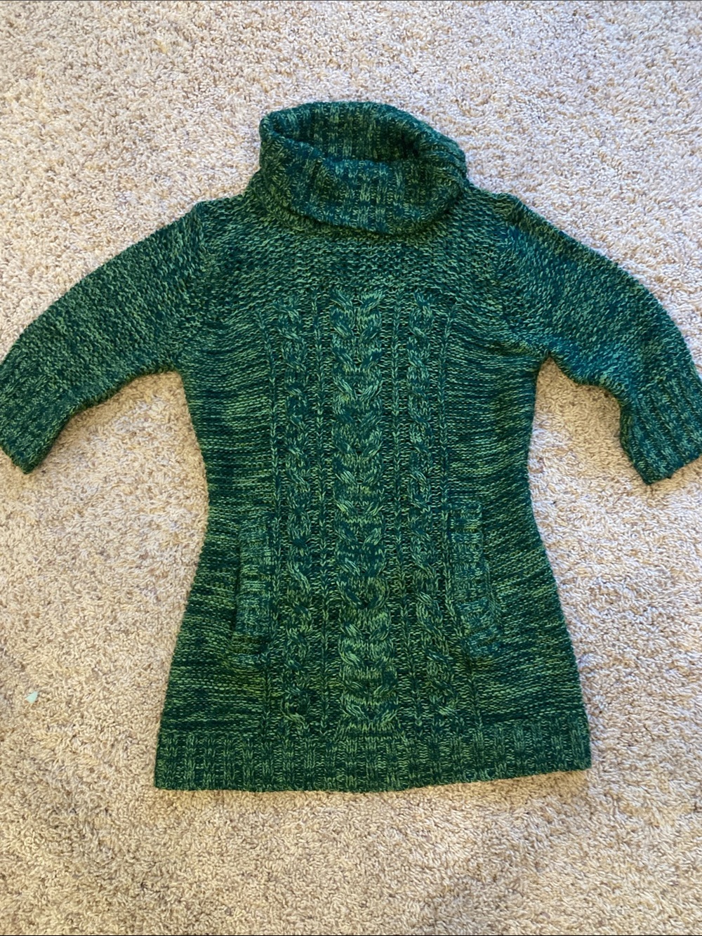 Textured Green Cable Knit Turtleneck Sweater